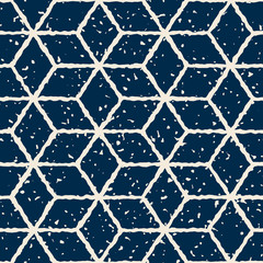 Vector Seamless White Navy Color Hand Drawn Distorted Lines Star Shape Grunge Retro Pattern