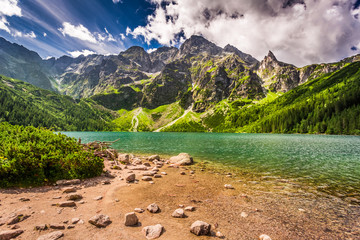 Beautiful lake in the Tatra Mountains at dawn - obrazy, fototapety, plakaty