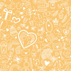 Romantic seamless pattern in cartoon style. Wedding or Valentines Day illustration