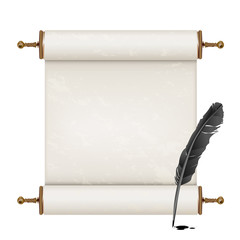 black feather and ancient scroll on white