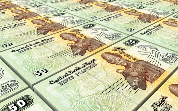 Egyptian piastre bills stacks background. Computer generated 3D photo rendering.