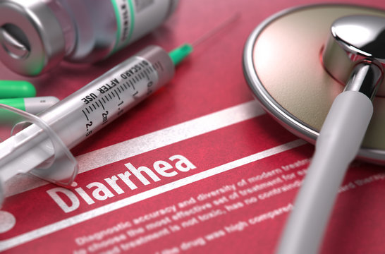 Diarrhea - Printed Diagnosis on Red Background.