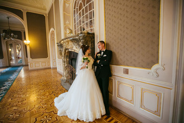 The bride and groom in the palace of the fireplace in love