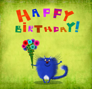 Smiling Blue Cat With Bunch of Flowers