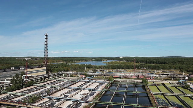 Sewage treatment plant, aerial view. Water recycling on industrial plant