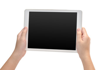 woman hand holding the phone tablet isolated on white background