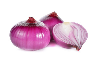 Obraz na płótnie Canvas whole and half cut red onion, shallots on white background