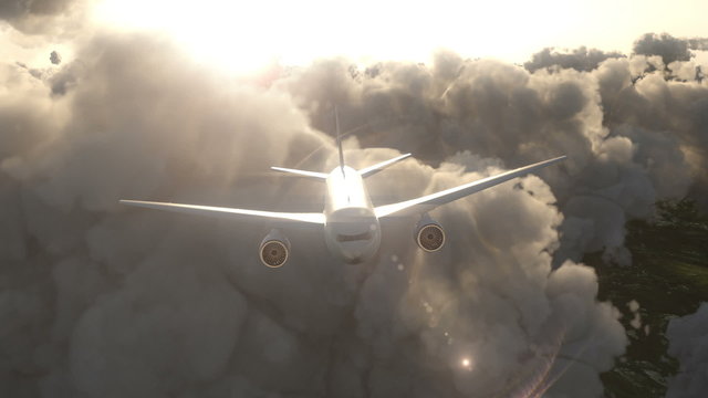 Airplane Flying Through The  Clouds in sunset lighting. Camera flying around commercial airplane in the clouds.Moment Before landing