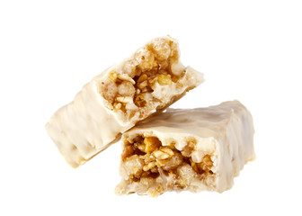 Energy bar in yogurt isolated on white background