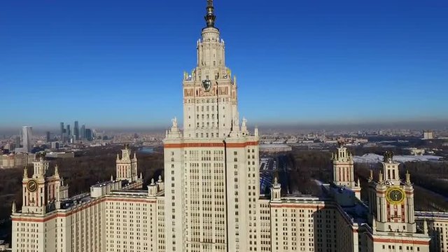 Aerial view of Moscow State University, MGU, and skyscraper complex