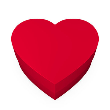 Caja de regalo con forma de corazón 3D, de color rojo, cerrada, vista desde arriba y sobre fondo blanco.	