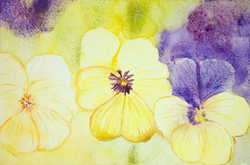 Yellow and purple violets. The dabbing technique near the edges gives a soft focus effect due to the altered surface roughness of the paper.