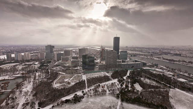 Time lapse of the skyline of Danube City Vienna at the danube river in winter with the new DC-Tower opened February 2014