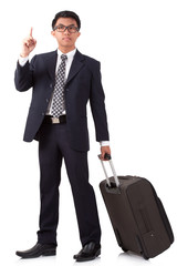 Businessman with suitcase and pointing up on a white background