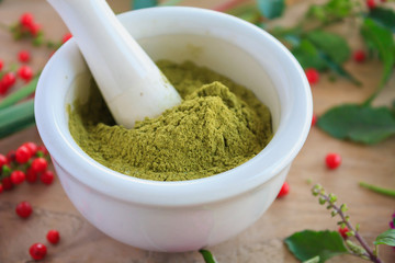 Fresh herbs powder in the mortar, alternative medicine