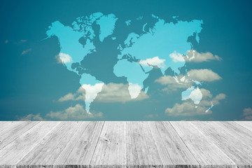 Fototapeta na wymiar Blue sky cloud with Wood terrace and world map , process in vint