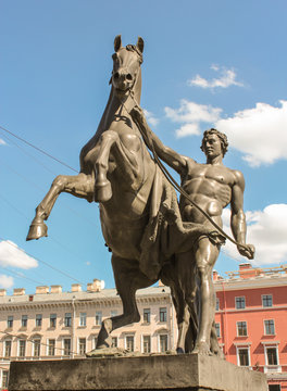 Sculpture of man and horse on the Anichkov Bridge.