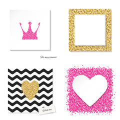 Cards set with glitter pink and golden elements - hearts, crown princess. Girly glamour style.