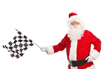 Santa Claus waving a checkered race flag