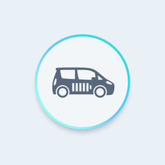 electric car round icon, EV, car with battery, ecologic transport icon, vector illustration