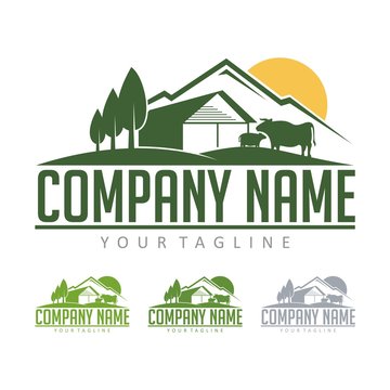 Farming Logo - Cattle Farm With View Mountain Design Logo Vector