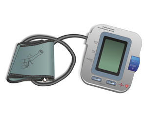 A blood pressure monitor with an inflatable cuff. 