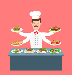 chef with tasty dishes.chef with many hands.chef cooking food concept illustration.pasta burger steak salad pizza salmon sausage cake