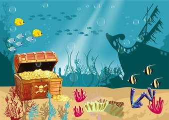Underwater scenery with an open pirate treasure chest