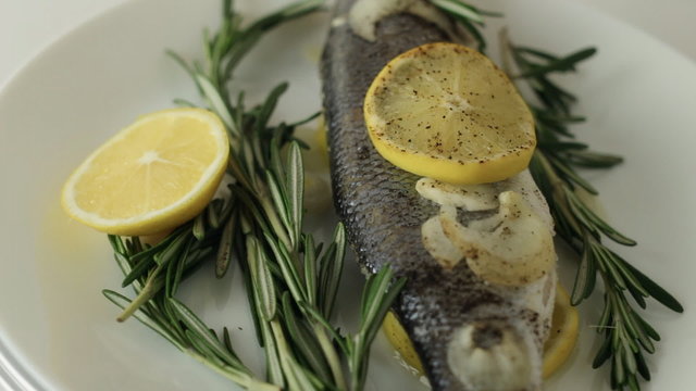 Fish, sea bass, served