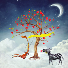The illustration shows romantic relations between a giraffe and a zebra