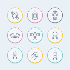 space line icons, satellite, astronaut, space shuttle, spaceship, spacecraft round icon, vector illustration