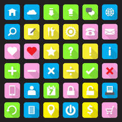 web icon set flat style on colorful rounded rectangle with long shadow