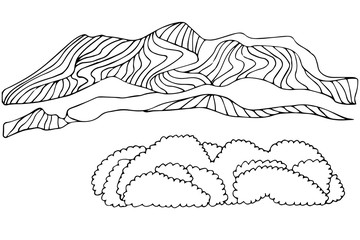 Hand drawn isolated mountain and bushes