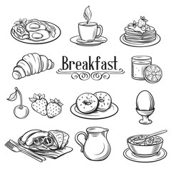 Hand drawn decorative icons breakfast . - obrazy, fototapety, plakaty