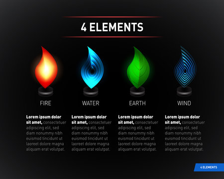 Colorful Nature elements. Water, Fire, Earth, Air. Infographics elements on dark background. Templates for renewable energy or ecology logos, emblems or cards. Alternative energy sources