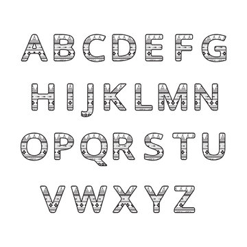 Aztec ethnic ornamental font.english black and white color  alphabet
