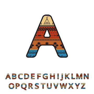 Aztec ethnic hand drawn ornamental font. Vector english colorful alphabet