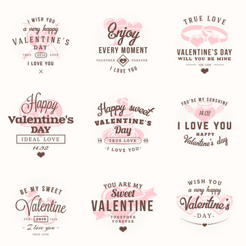 Set Of Happy Valentines Day Labels and Badges. Retro Typography Vector Design Templates. Vector Illustration. Valentines Day Greeting Cards. Valentines Day Vintage Typographic Badges