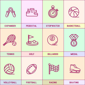 Flat line ikon set, Sporting achievements and skills.