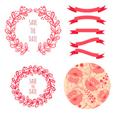Set of vector hand drawn elements with flowers for wedding invitations card or save the date card