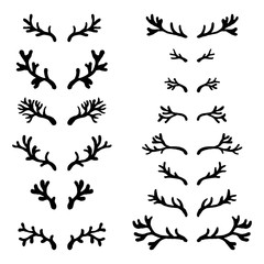 Fototapeta na wymiar Set of hand drawn deer horns black on the white color background, silhouette of antlers