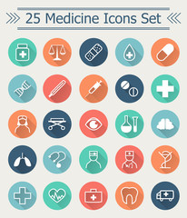 Set of line Medicine Icons in flat style with long shadow in the middle of circle every icon