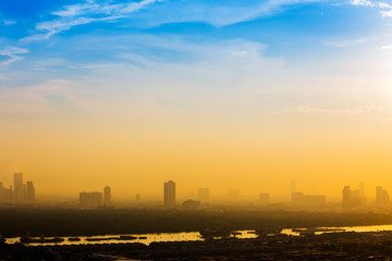 Naklejka premium Aerial view of Bangkok at sunset