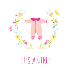 Obraz na płótnie Canvas Baby Girl Shower or Arrival Card - with Cute Bodysuit - in vector