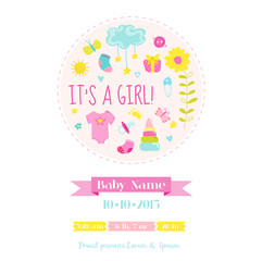 Baby Girl Shower or Arrival Card - with Baby Elements - in vector