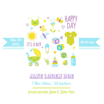 Baby Boy Shower or Arrival Card - with Cute Bodysuit - in vector