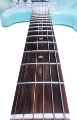blue electric guitar with big fretboard