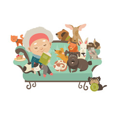 Old woman with her cats and dogs