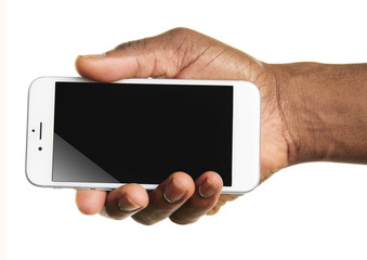 Hand holding mobile smart phone with blank screen, isolated on white