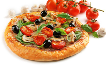 Delicious tasty pizza with vegetable, isolated on white